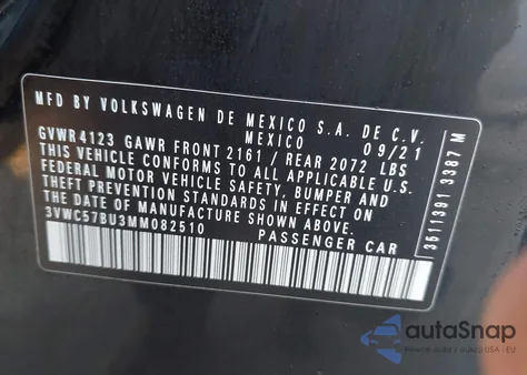 2021 Volkswagen Jetta 1.4T R-Line/1.4T S/1.4T Se z USA, uszkodzony, nr VIN 3VWC57BU3MM082510